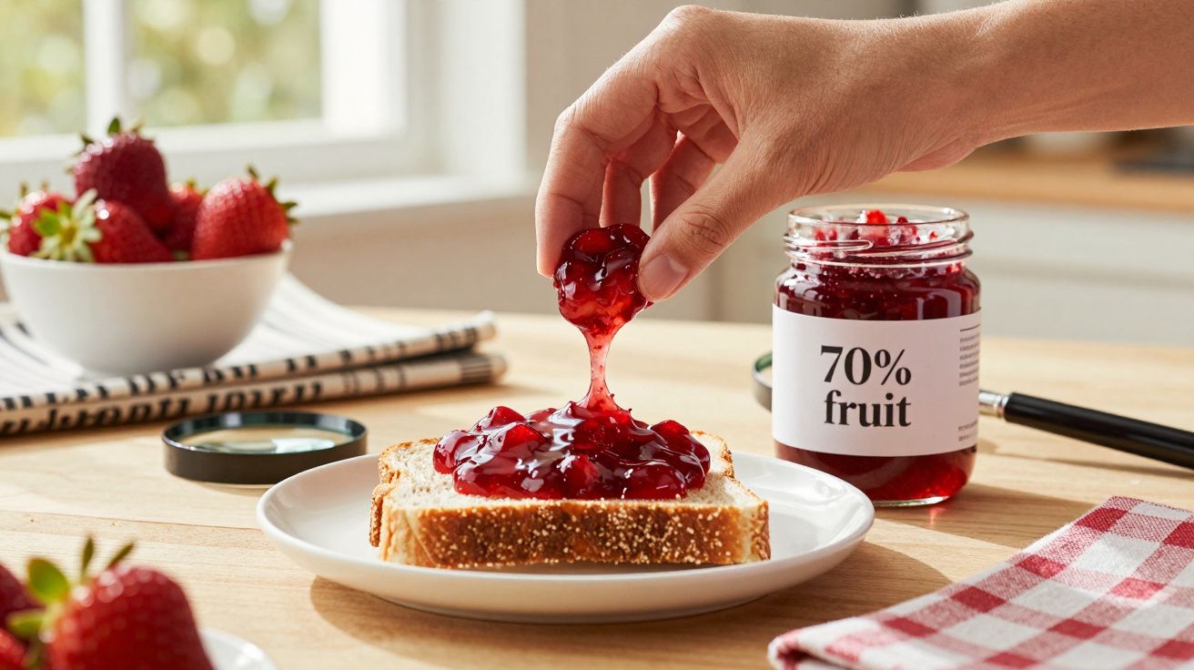 Mão a colocar compota de morango numa fatia de pão, com frascos e morangos ao fundo numa mesa.