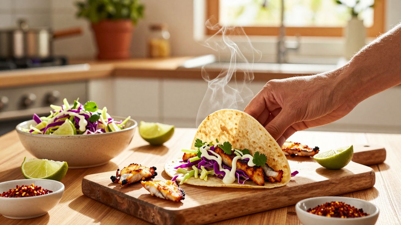 Mão a segurar taco com frango grelhado, couve roxa, molho e coentros numa tábua de madeira na cozinha.