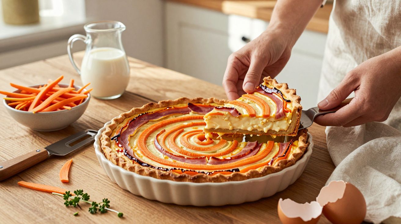 Pessoa a servir uma tarte de legumes com fatia visível, jarra de leite e ovos partidos na bancada da cozinha.