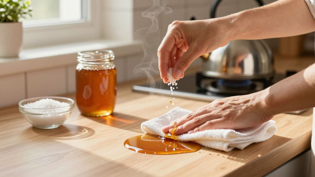 Mãos polvilham sal sobre derrame de mel numa bancada de cozinha com frascos ao fundo.