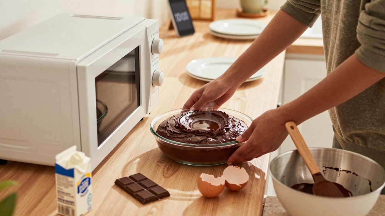 Pessoa a preparar uma sobremesa de chocolate numa cozinha junto a micro-ondas e ingredientes.