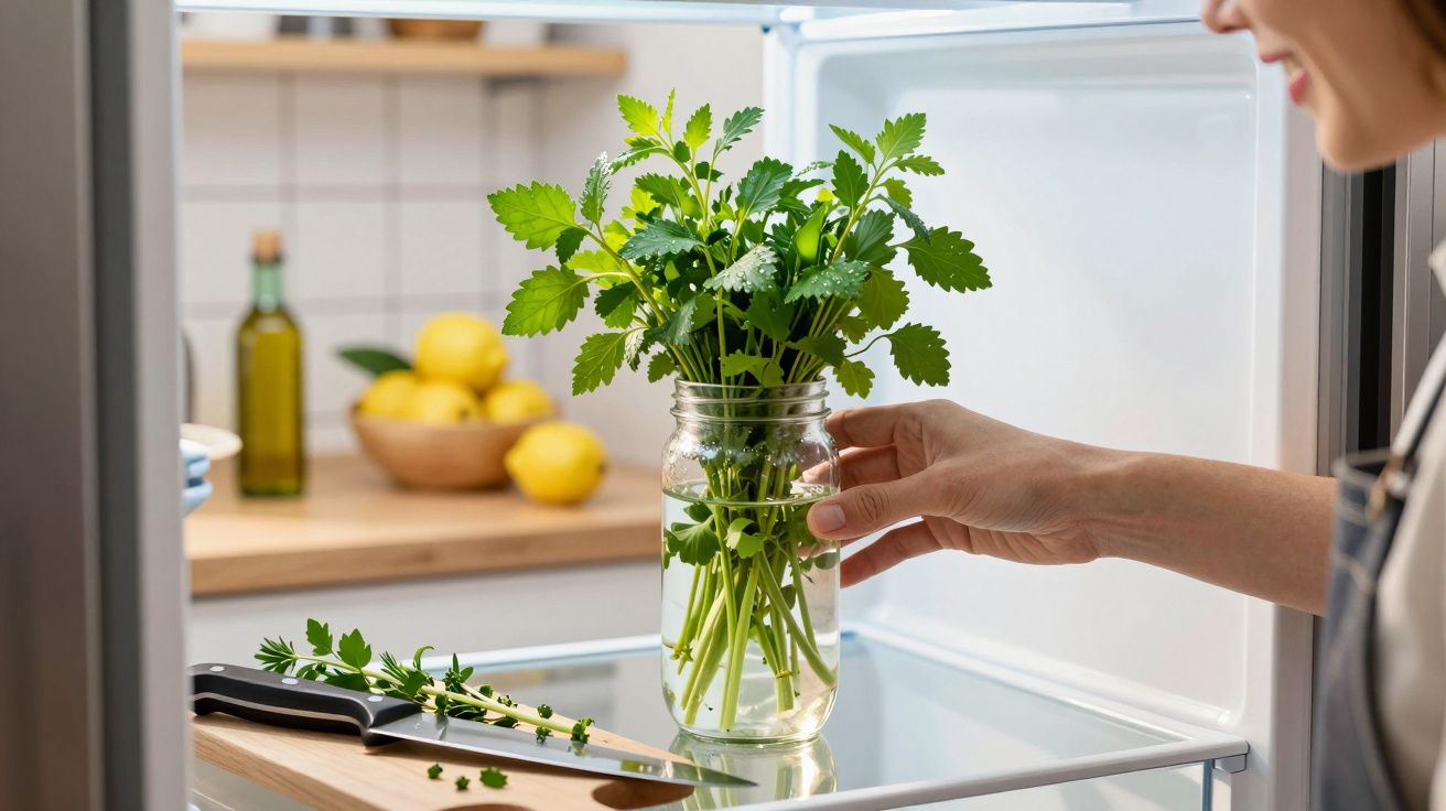 Pessoa a colocar um frasco com ervas frescas dentro de um frigorífico aberto numa cozinha moderna.