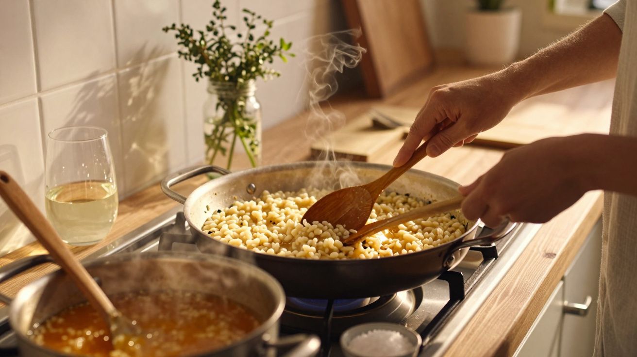 Pessoa a mexer massa pequenos caracóis numa panela no fogão com vapor visível numa cozinha iluminada.