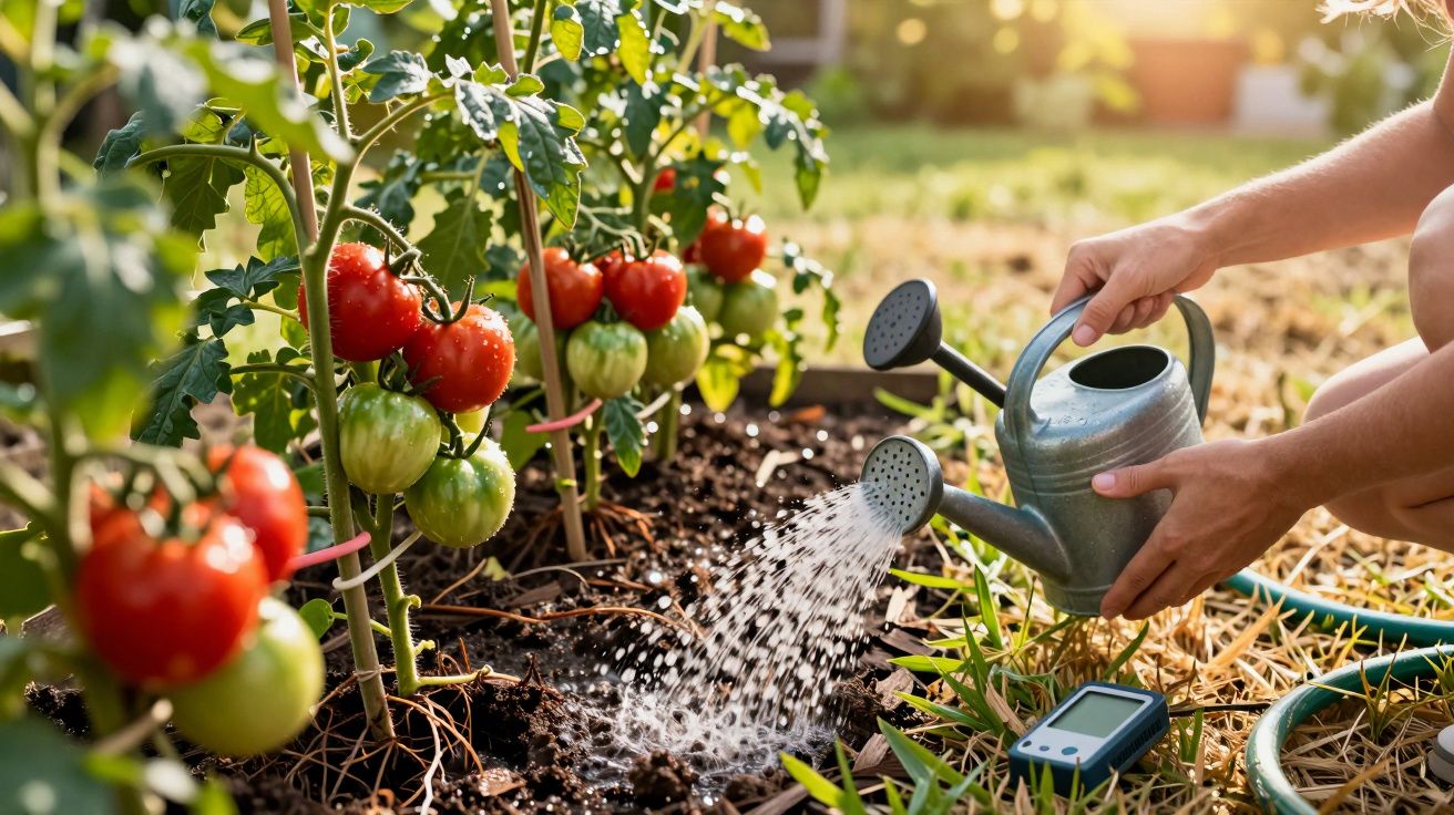 Pessoa a regar plantas de tomateiros com regador metálico num jardim ao ar livre.