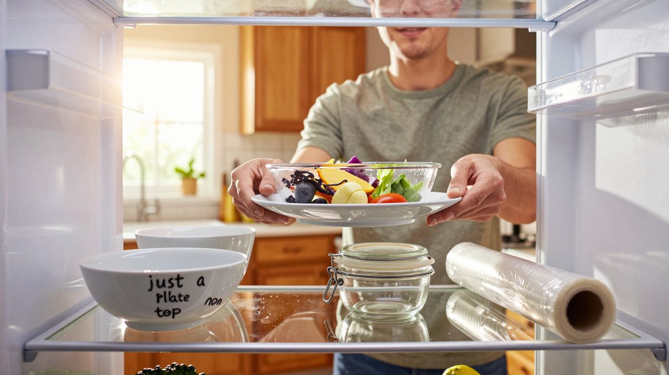 Homem a colocar prato com salada fresca numa prateleira de frigorífico aberto numa cozinha.