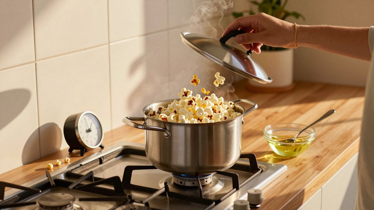 Mãos a levantar a tampa de uma panela de pipocas a estourar no fogão a gás numa cozinha iluminada.