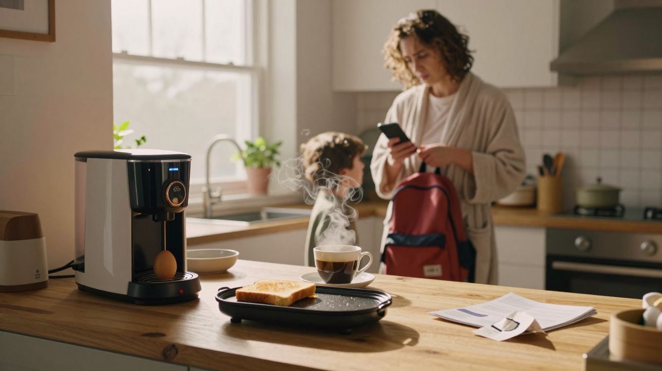 Cozinha com máquina de café, torrada, chá quente na mesa e mãe com filho ao fundo, preparando mochila.