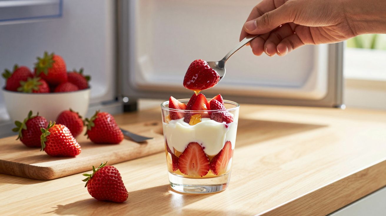 Taça com iogurte e morangos frescos, com mão a pegar um morango com colher numa bancada de cozinha.