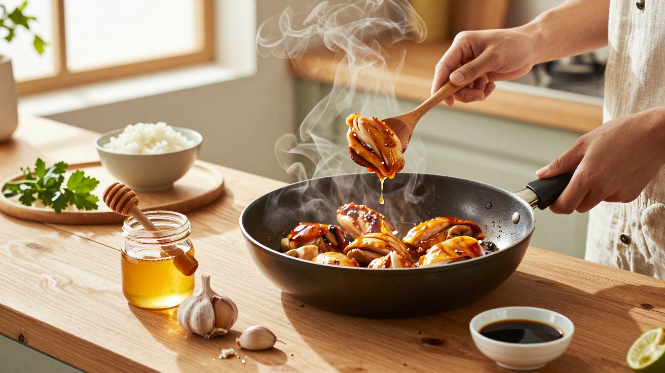 Pessoas a cozinhar legumes salteados com molho numa frigideira numa cozinha com ingredientes na mesa.