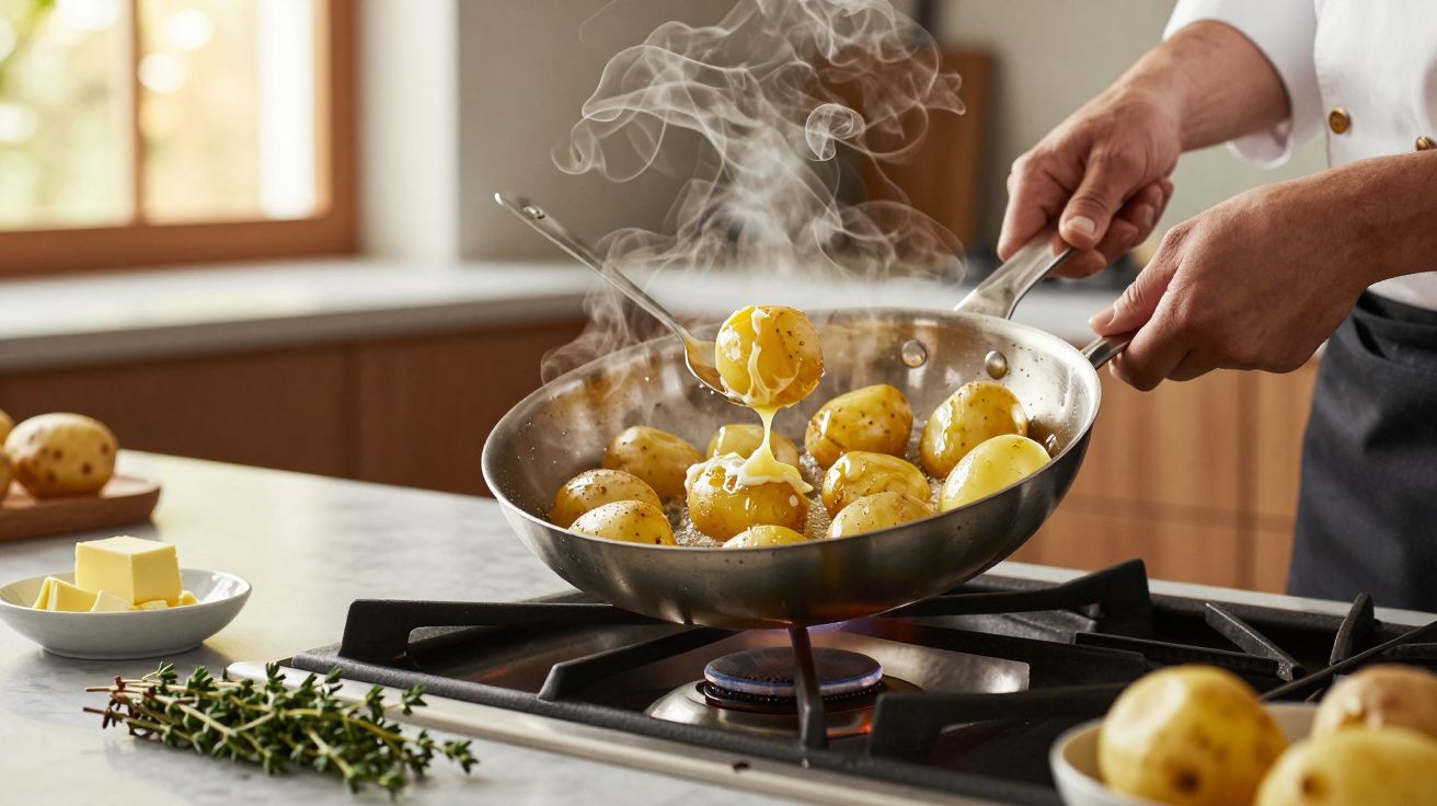 Mãos a cozinhar batatas a vapor numa frigideira com manteiga e ervas numa cozinha iluminada.