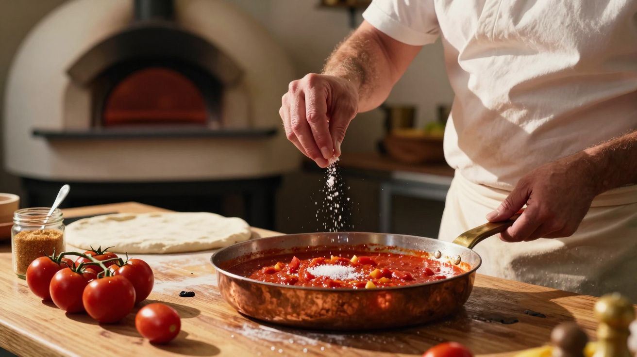 Pessoa a temperar molho de tomate numa frigideira de cobre, com tomate e massa crua na bancada.