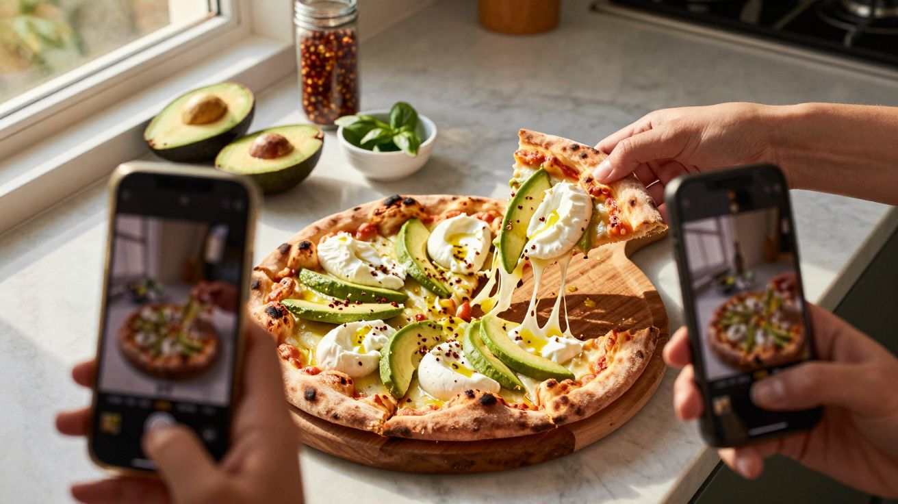 Pizza com fatias de abacate, queijo derretido e especiarias sendo fotografada em telemóveis numa cozinha iluminada.