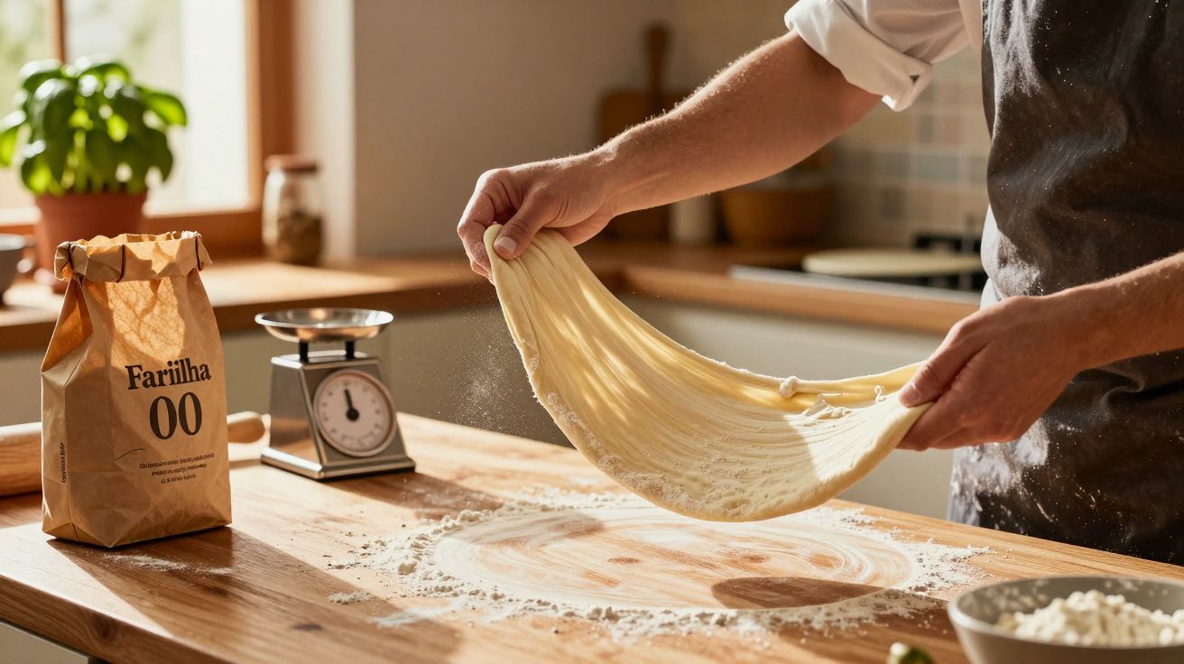 Pessoa esticando massa de pão num balcão de cozinha com farinha e balança ao lado.