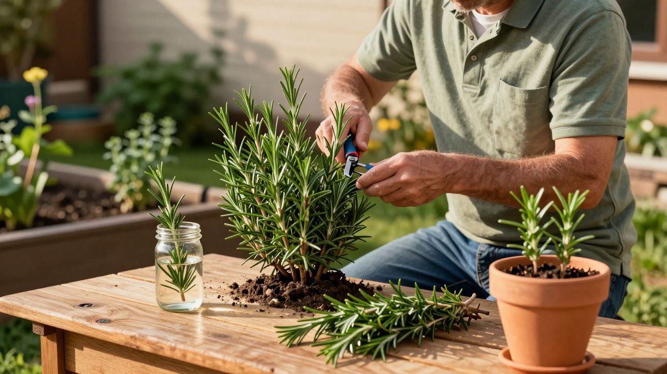Pessoa a podar planta de alecrim em vaso num jardim, com várias plantas à volta sobre mesa de madeira.
