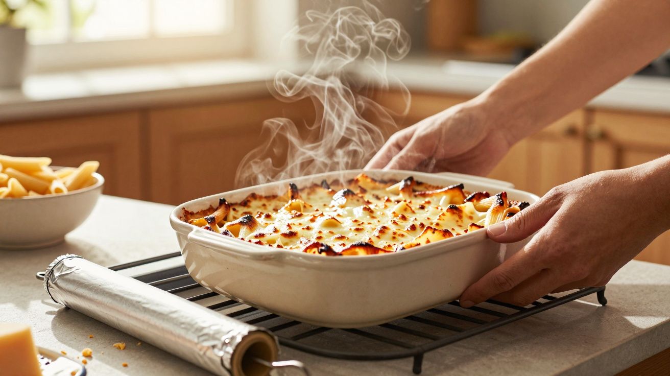 Mãos a tirar do forno um prato quente de lasanha gratinada com queijo derretido e vapor.