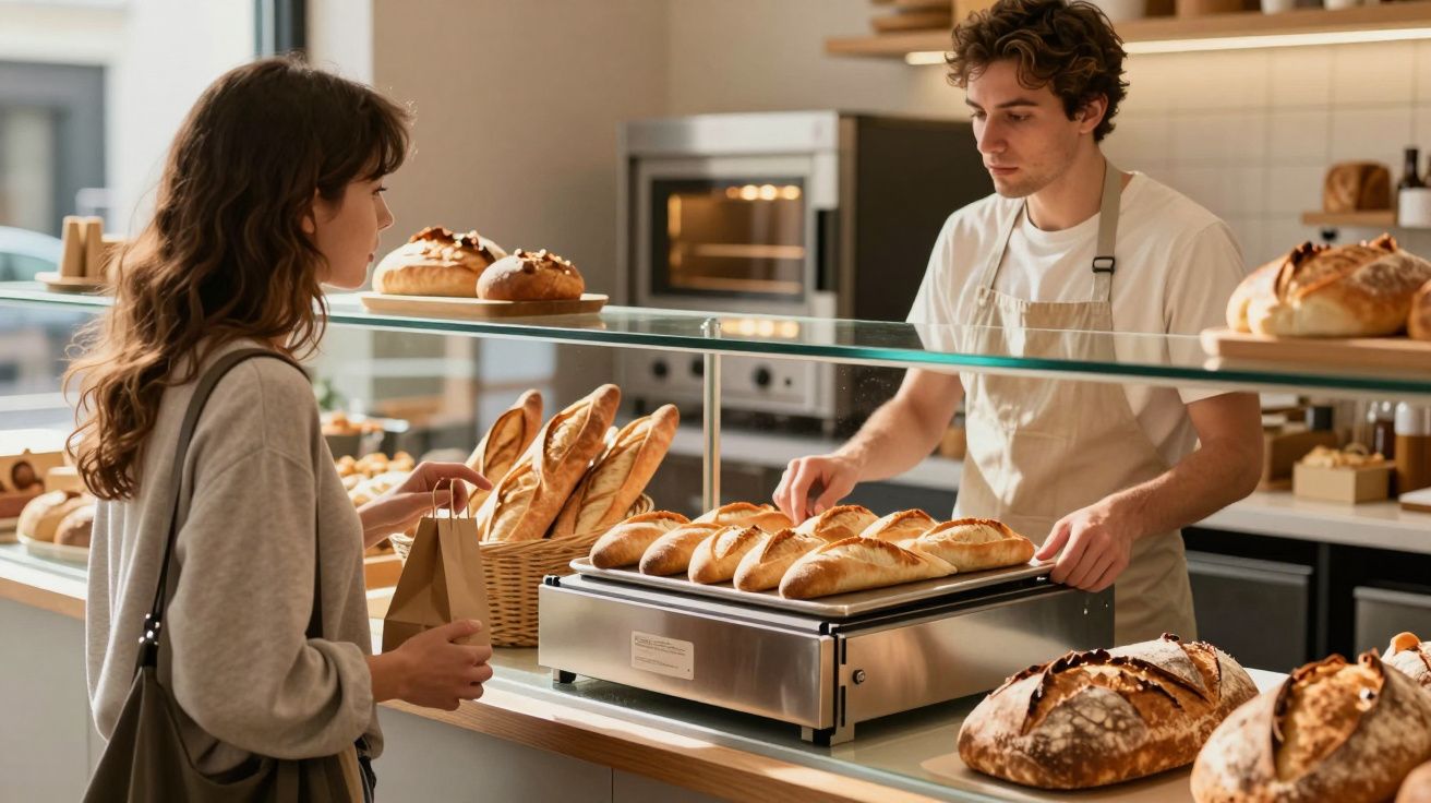 Mulher a comprar pão numa pastelaria atendida por um empregado com avental branco.