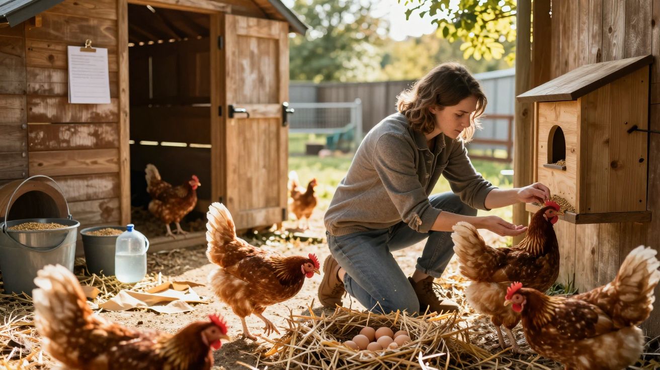 Mulher recolhe ovos numa quinta, rodeada por galinhas junto a um galinheiro de madeira iluminado pelo sol.