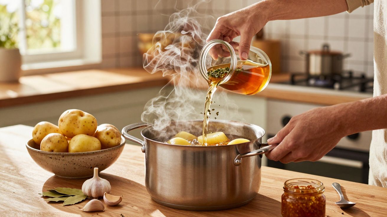Pessoa a deitar ervas aromáticas numa panela com batatas a cozer numa cozinha moderna.