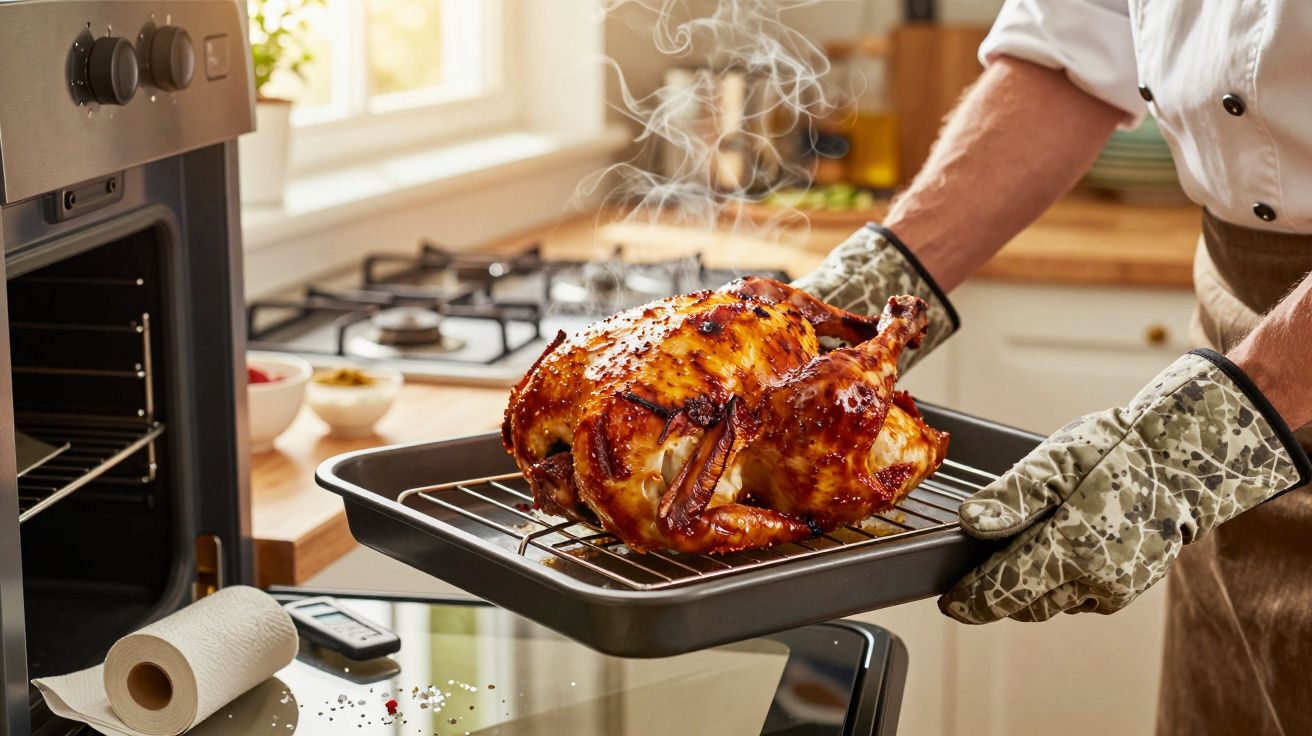 Pessoa a retirar frango assado fumegante do forno na cozinha com luvas térmicas.