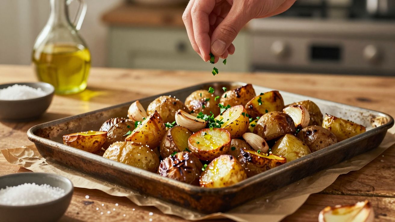 Batatas assadas com ervas frescas num tabuleiro com pedaços de cebola e azeite ao fundo.