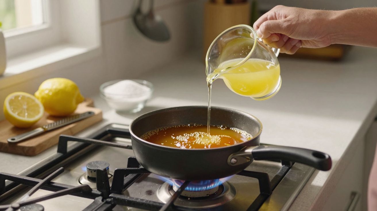 Mão a verter sumo de limão para frigideira com caramelo no fogão a gás numa cozinha.