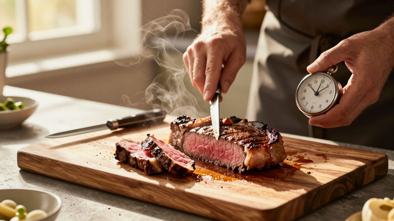 Pessoas cortando bife malpassado fumegante numa tábua de madeira, segurando um cronómetro.