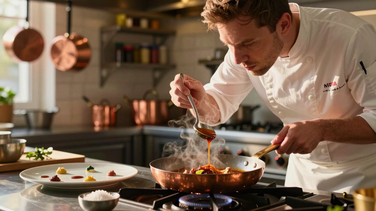 Homem de avental branco a preparar prato com molho quente numa cozinha profissional.