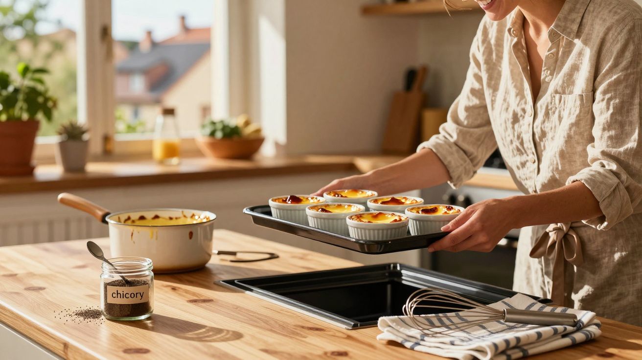 Mulher a retirar do forno formas com pudins caseiros numa cozinha luminosa e acolhedora.