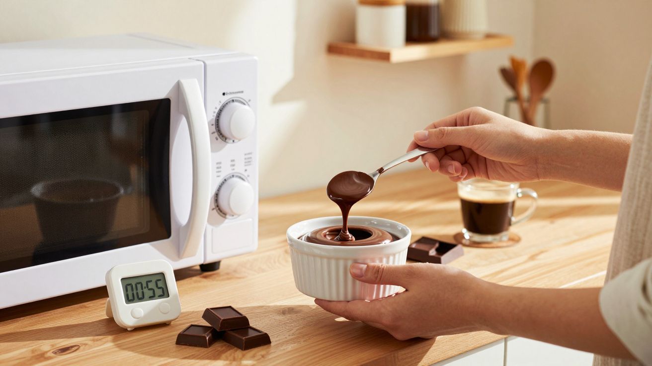 Mãos seguram e mexem chocolate derretido numa taça branca numa cozinha com micro-ondas e café ao fundo.