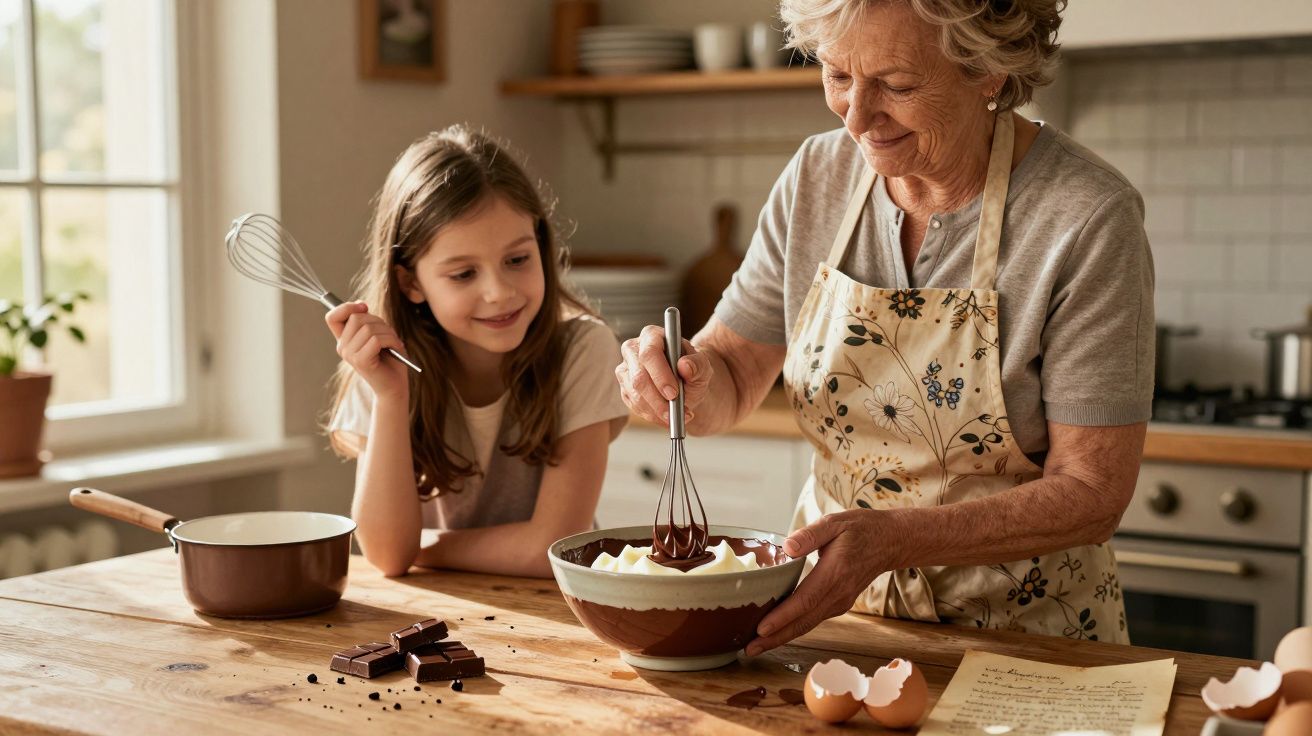 Avó e neta a preparar uma receita com chocolate numa cozinha iluminada pela luz natural.