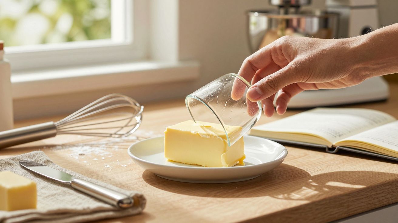 Mão a verter um líquido transparente sobre um bloco de manteiga num prato branco numa cozinha iluminada.