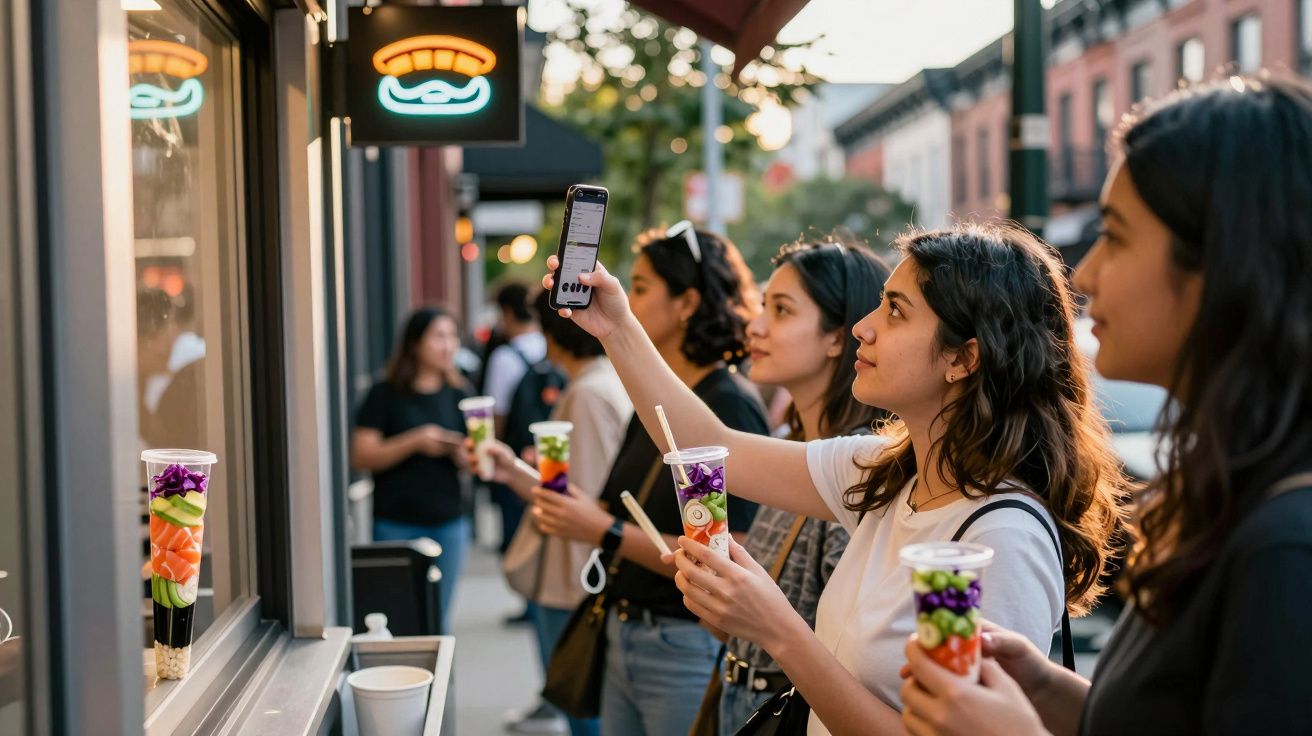 Grupo de jovens com bebidas coloridas a tirar fotografias em fila na rua ao pôr do sol.