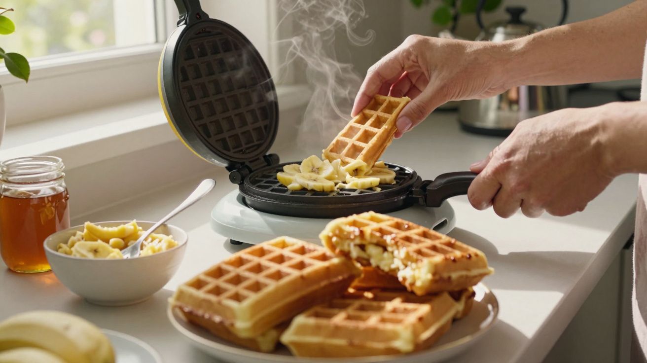 Pessoa a fazer waffles frescos com fatias de banana e mel numa cozinha iluminada.