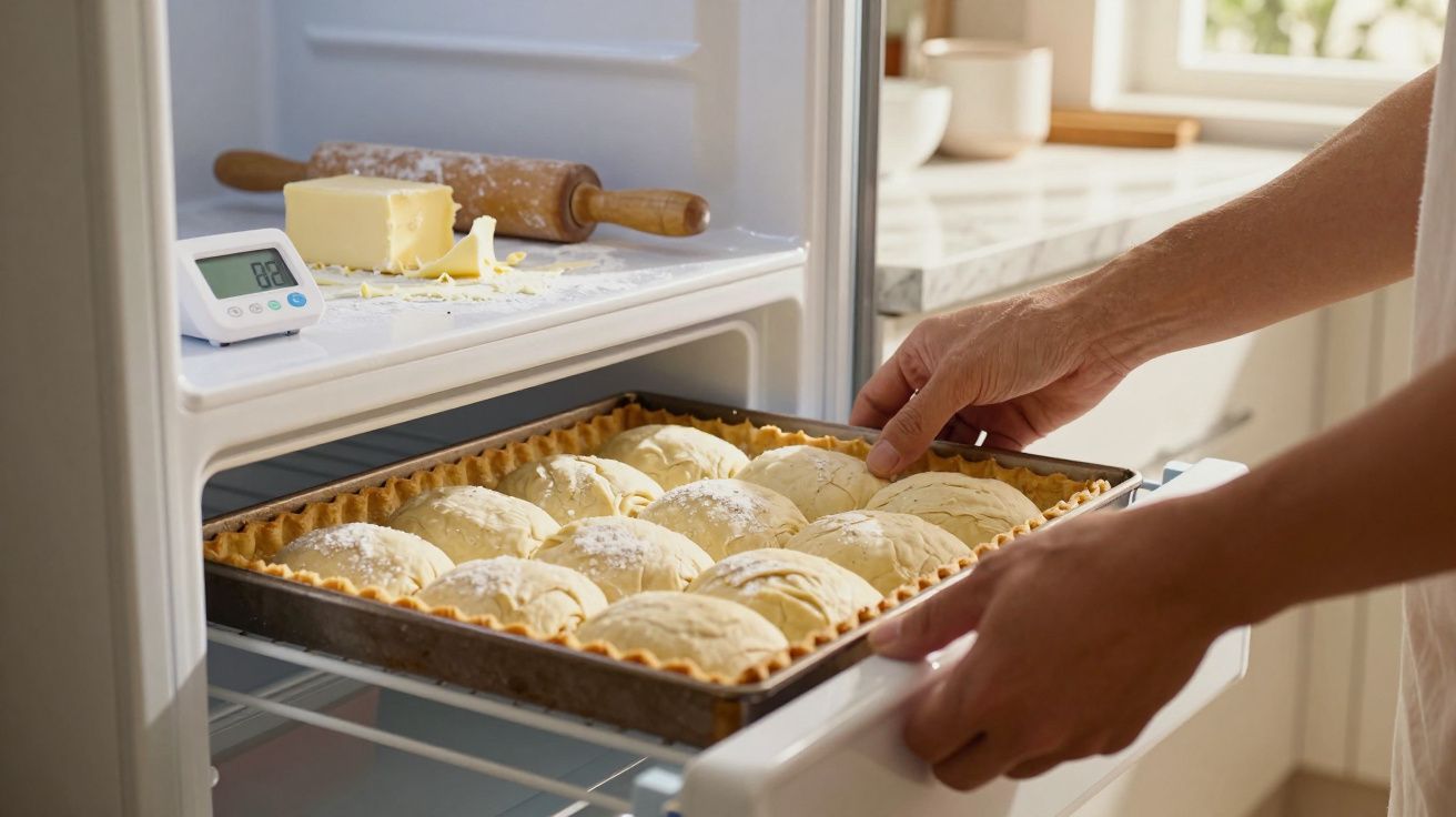 Pessoa a colocar tabuleiro com pão numa caixa de fermentação no frigorífico doméstico claro.