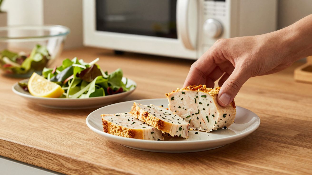 Mão a pegar fatia de frango temperado numa travessa, com salada e fatia de limão ao fundo.