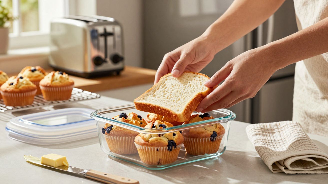 Mãos seguram fatia de pão sobre taça de vidro com muffins e manteiga e faca numa bancada de cozinha.