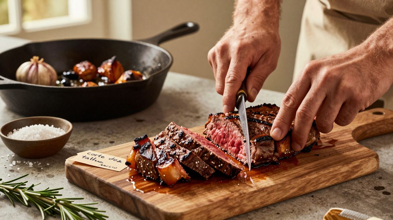 Pessoa a cortar bife malpassado numa tábua de madeira numa cozinha com alho e sal à volta.