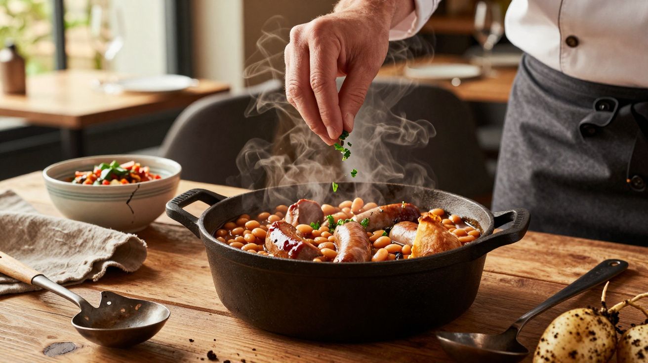 Mão a polvilhar ervas numa panela de ferro com feijoada quente, noção caseira e acolhedora.
