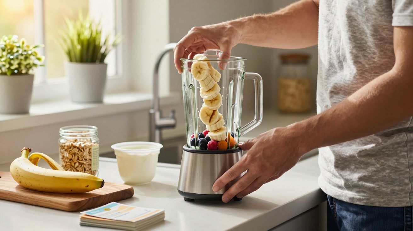 Pessoa a colocar rodelas de banana num liquidificador com frutas para preparar um batido saudável na cozinha.