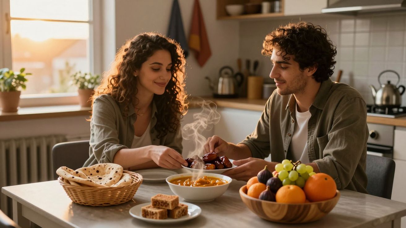 Casal jovem a partilhar uma refeição quente numa cozinha luminosa com frutas e pão à mesa.