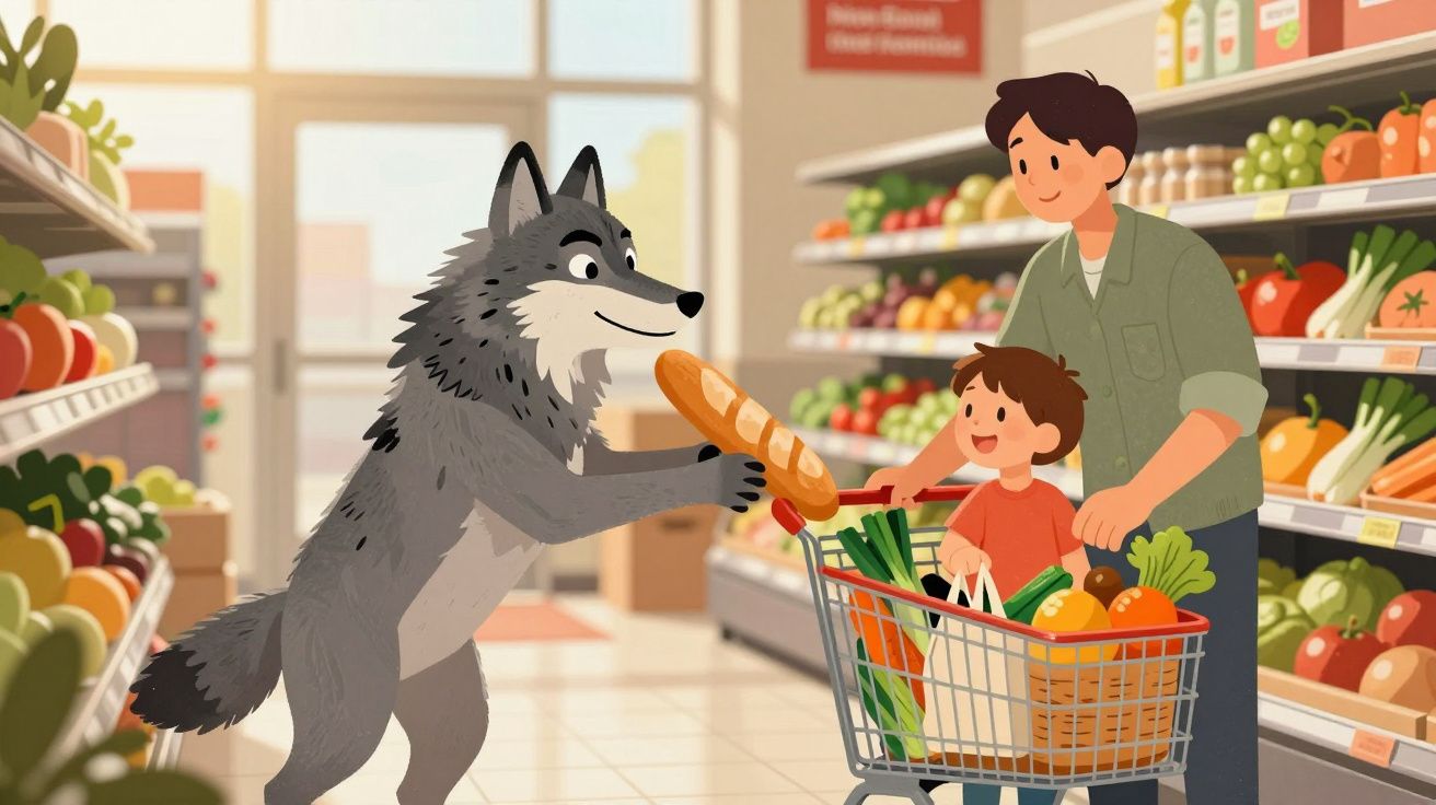 Lobo animado entrega pão a criança num supermercado, com adulto a empurrar carrinho cheio de fruta e legumes.
