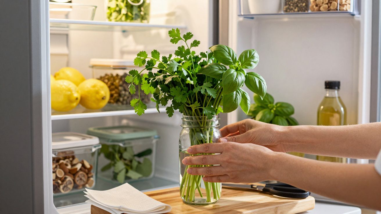Mãos a colocar jarro com ervas frescas à frente de frigorífico aberto com limões e especiarias.
