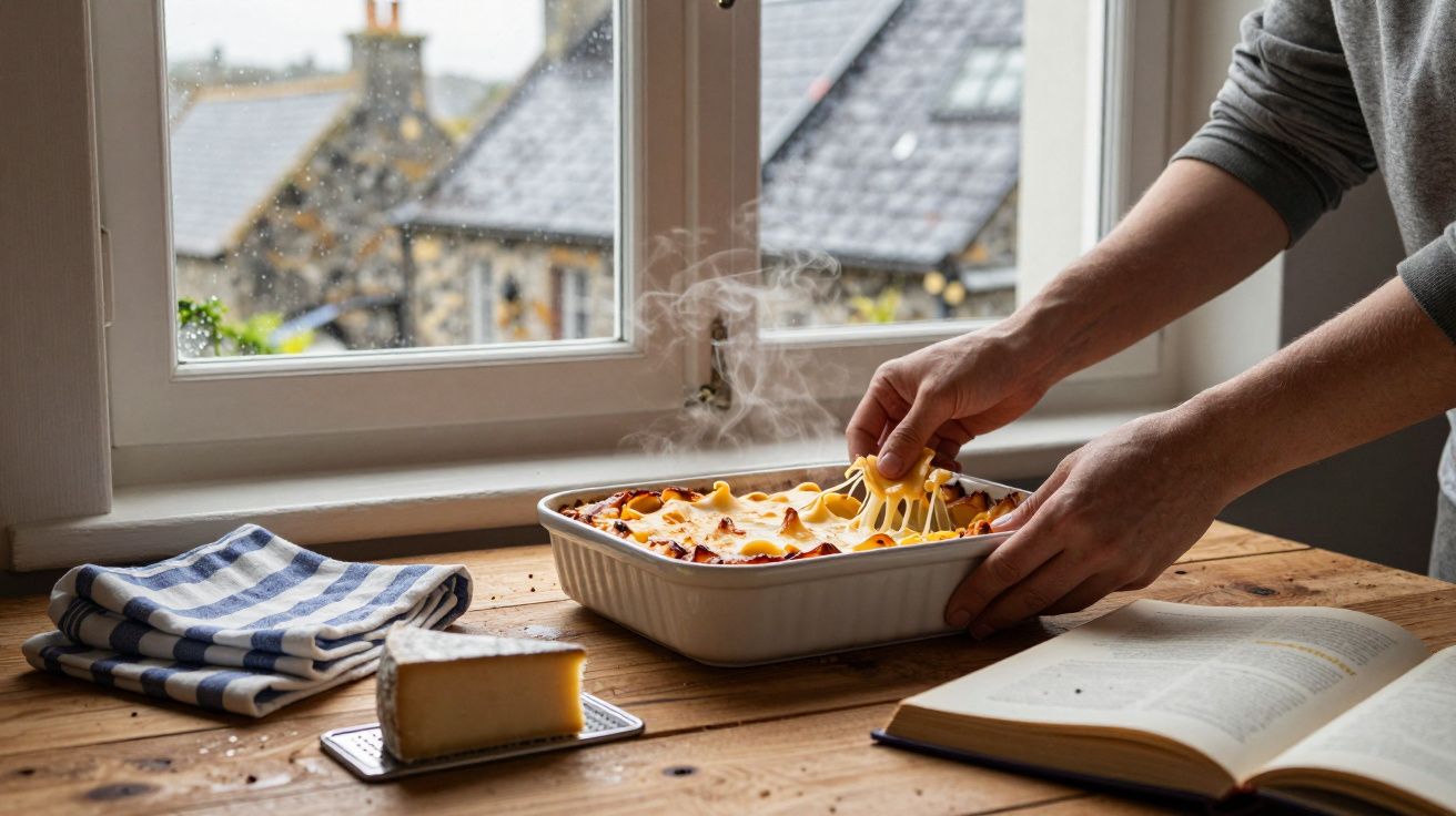 Pessoa a puxar lasanha com queijo derretido numa travessa junto a janela, e livro aberto e queijo na mesa de madeira.