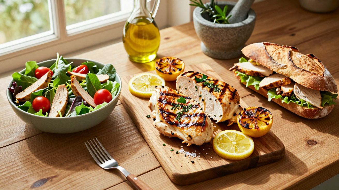 Refeição com peito de frango grelhado, salada fresca com tomate e sanduíche de frango com alface e pão rústico.