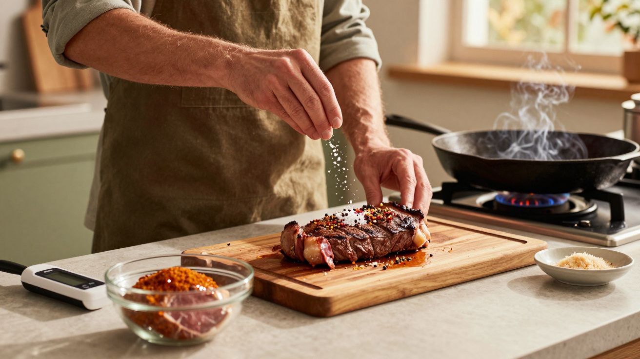 Pessoa temperando bife com sal e especiarias numa tábua de madeira, perto de frigideira a lume.