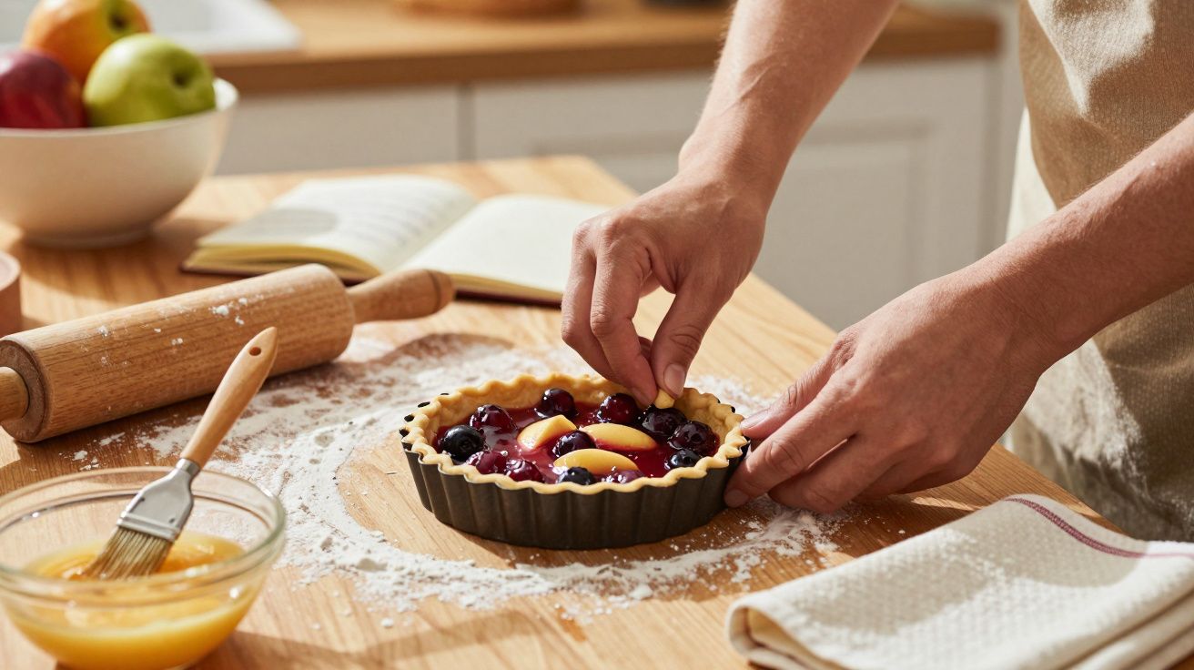 Pessoa a preparar uma tarte de frutas num tabuleiro sobre uma bancada de madeira com utensílios de cozinha.