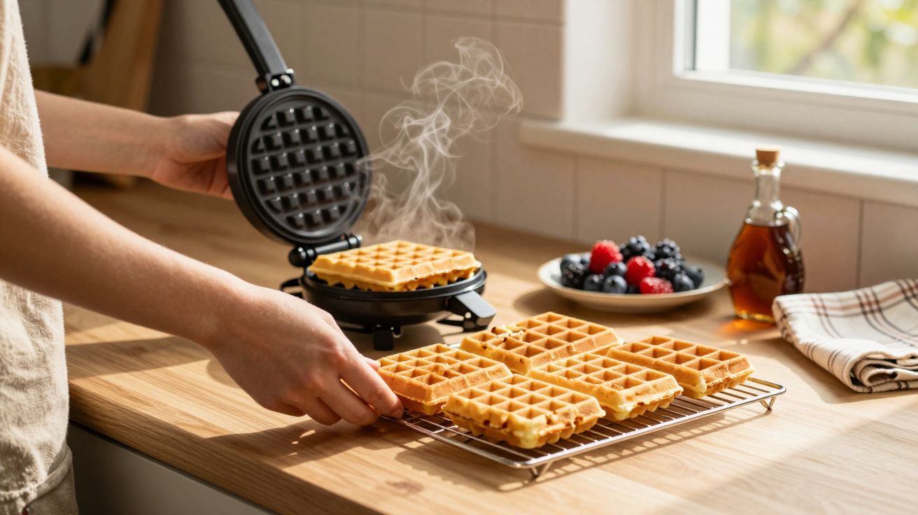 Pessoa a retirar waffles quentes de uma máquina, com frutos e xarope na bancada de cozinha.