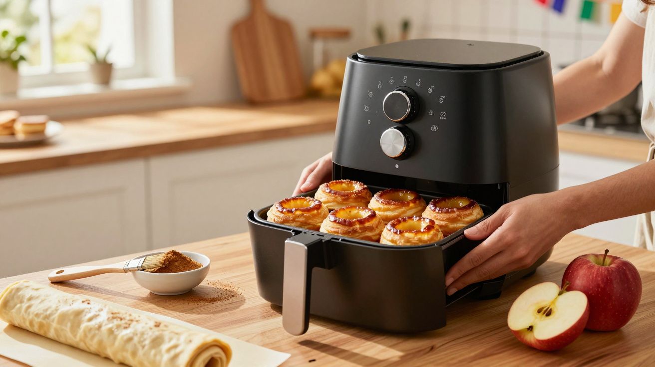 Pessoa a retirar uma assadeira com doces acabados de sair de uma fritadeira elétrica numa cozinha.