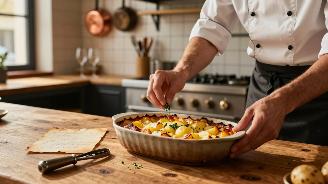 Chef a finalizar um prato com batatas e ervas num forno na cozinha rústica.