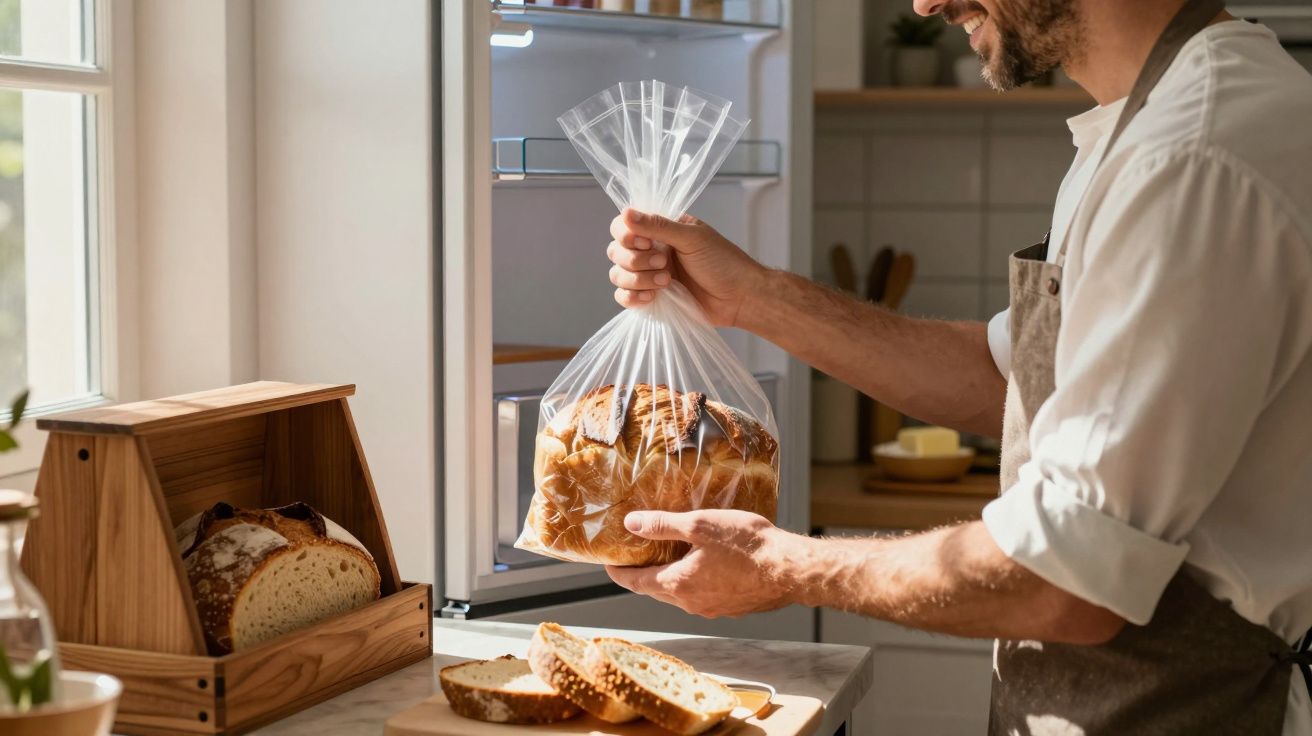 Homem a guardar pão em saco plástico na cozinha iluminada e pão fresco fatiado em cima da bancada.